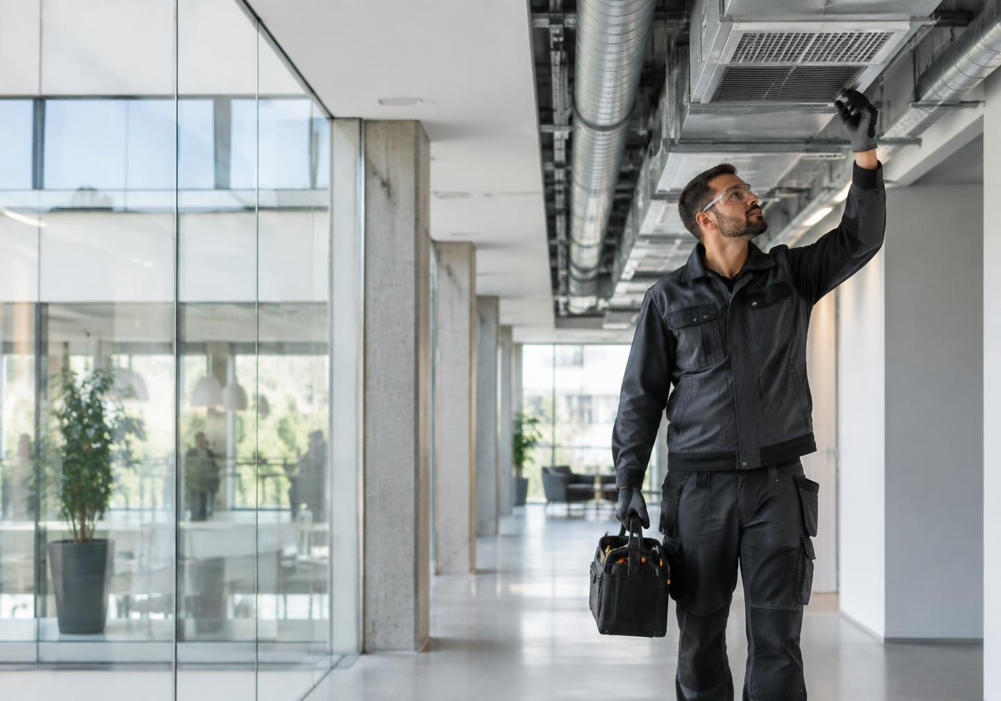 Technician inspecting equipment in a commercial office